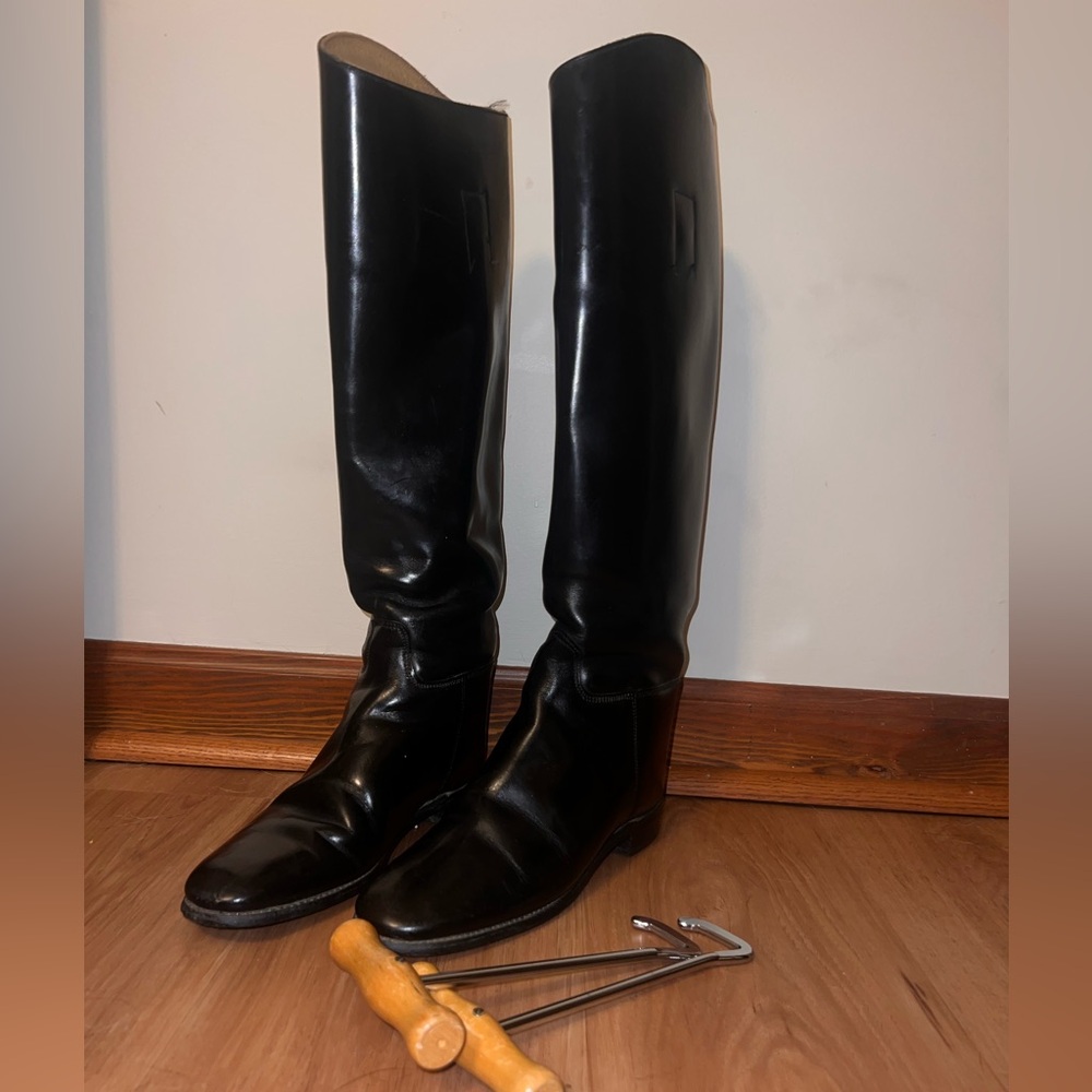 Marlborough English Equestrian Black Leather Riding Boots with Boot Hooks Size 6